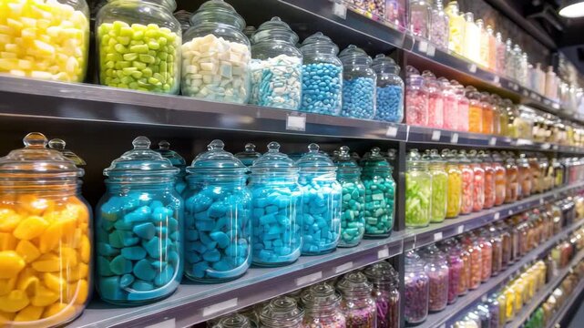 Brightly colored jars filled with different candies create an inviting atmosphere in a sweet shop