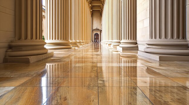 colonnade. Polished marble floor reflecting classical columns in symmetrical architecture. real-estate listings.