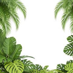 Lush Green Tropical Paradise: A vibrant collage of tropical leaves and palms, bursting with life, set against a pristine backdrop, creating a sense of freshness and natural beauty.