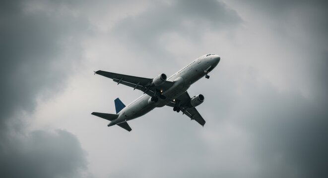 Passenger airplane in flight against a gray cloudy sky in dramatic scene