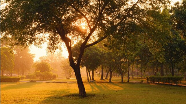 blurred. Tranquil park at sunset with warm golden hues, creating a peaceful natural landscape. inspiring travel planning, travel magazines, designed for travel destination branding.