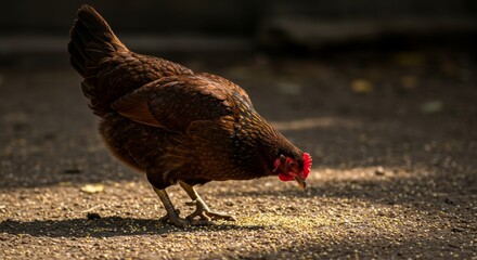 Brown feathered hen pecking for food grains in a sun dappled farmyard scene
