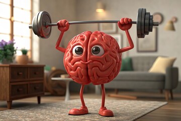 A red human brain character lifting a barbell, symbolizing mental strength, intelligence, and cognitive training