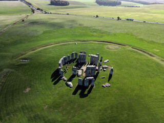 Drone view of Stonehenge and Wiltshire Countryside in England, UK. The stone circle dates to 3000 BC and is one of the best known ancient wonders of the world and UNESCO World Heritage Site.