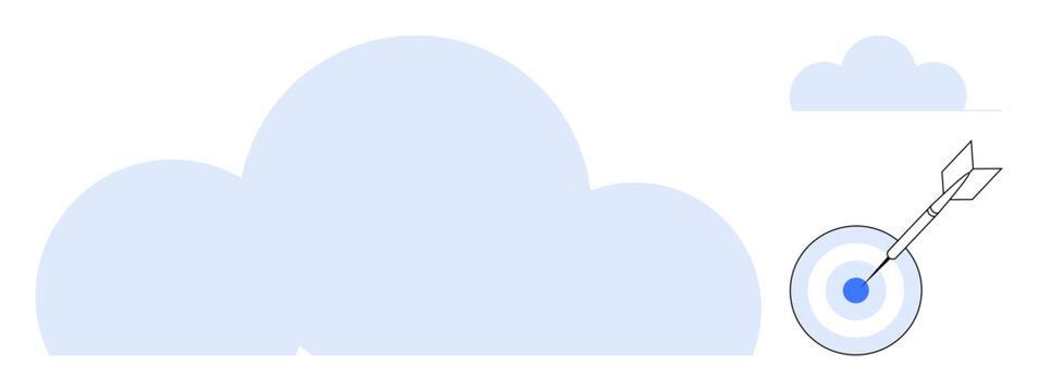 Large cloud and target with two arrows hitting bullseye convey precision, success, and aspirations. Ideal for goals, achievement, strategy, cloud services, focus, progress planning simple flat
