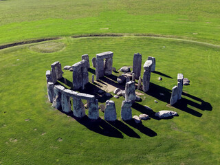 Drone view of Stonehenge and Wiltshire Countryside in England, UK. The stone circle dates to 3000 BC and is one of the best known ancient wonders of the world and UNESCO World Heritage Site.