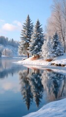 Snow-covered trees reflect in a serene lake under a clear blue sky.