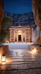 Ancient temple illuminated at night, framed by rocky cliffs and lanterns.