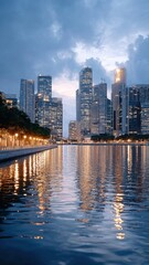 City skyline reflecting on water under a blue sky.
