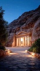 Majestic ancient structure illuminated at dusk, surrounded by rocky cliffs and a starry sky.