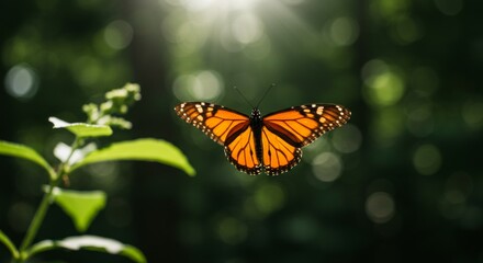 Obraz premium Monarch Butterfly Flying in Slow Motion Against a Green Forest Backdrop
