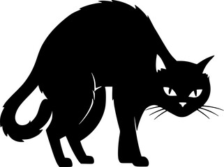 Striking black and white bicolor cat illustration with arched back vector graphic silhouette White background
