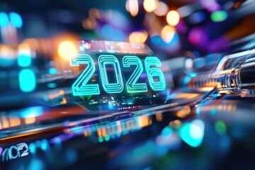 Futuristic digital 2026 concept featuring high-tech circuitry and neon elements
