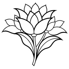 Stylized black and white floral illustration with multiple petals and leaves