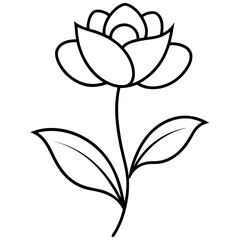 Simple line drawing of a rose with leaves on a white background
