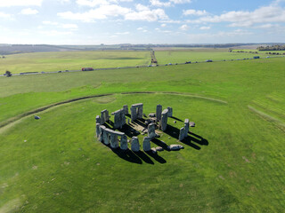 Drone view of Stonehenge and Wiltshire Countryside in England, UK. The stone circle dates to 3000 BC and is one of the best known ancient wonders of the world and UNESCO World Heritage Site.
