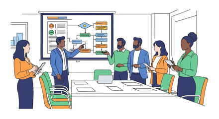 Business Team Meeting Presenting Flowchart on Projection Screen.
