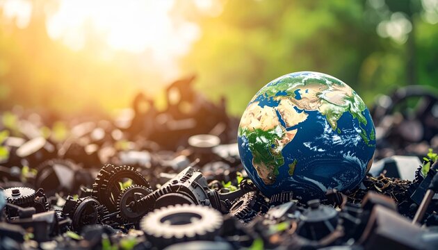 Earth rising amidst discarded machinery, symbolizing resilience and hope for future