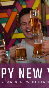 Friends toasting beer glasses on New Year eve 4k