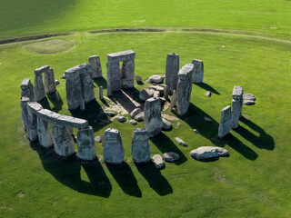 Drone view of Stonehenge and Wiltshire Countryside in England, UK. The stone circle dates to 3000 BC and is one of the best known ancient wonders of the world and UNESCO World Heritage Site.