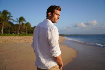 A Serene Man Strolling Along the Shoreline at Sunset, Embracing the Calming Waves and Soft Sands of the Beach