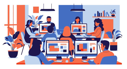 Naklejka premium Team Working Together at Desks with Computers.