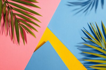 Tropical summer background with palm leaves and vibrant colors for vacation and travel themes design