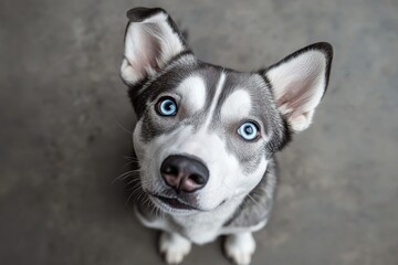 Obraz premium Charming Siberian Husky Posing Elegantly in Portrait with Striking Eyes Against Soft Grey Background