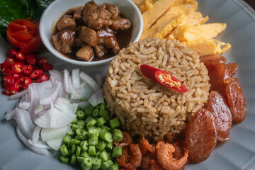 Shrimp Paste Fried Rice, Authentic Thai Traditional Dish with Side Ingredients, Gourmet Thai Food Still Life