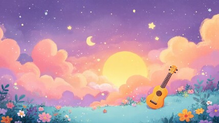 Colorful sunset with a guitar among flowers and clouds.