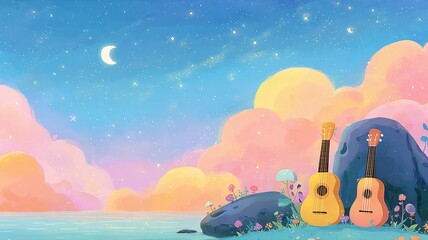 Serene landscape with guitars under a colorful sky and moon.