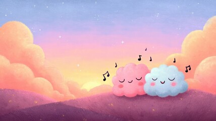 Playful clouds enjoying a musical sunset in a vibrant sky.