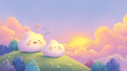 Cute clouds enjoying a sunset with musical notes in a colorful landscape.
