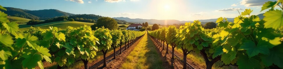 Sun-drenched rows of grapevines stretching towards a picturesque winery in the heart of a wine region Rolling hills and clear blue skies complete the idyllic scene , country, agriculture