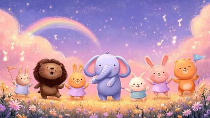 Colorful cartoon animals celebrating under a rainbow in a whimsical landscape.