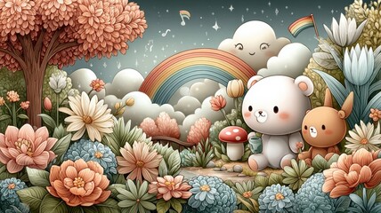 Cute animals exploring a whimsical landscape with flowers and rainbows.