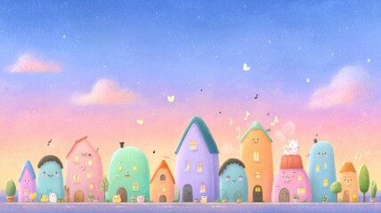Whimsical colorful houses under a pastel sky with cheerful details.