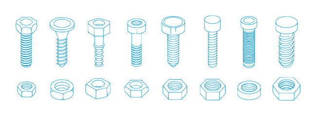 Collection of Blue Line Art Bolts and Nuts on White Background