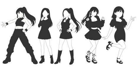 Set silhouette illustrations of kpop idols singing and dancing on stage. Flat vector kpop music star. Modern group dancers with various different styles, poses and choreography. Korean pop cultures.