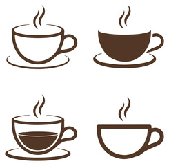 Obraz premium Four Stylized Coffee Cups with Steam, Brown and White Icons