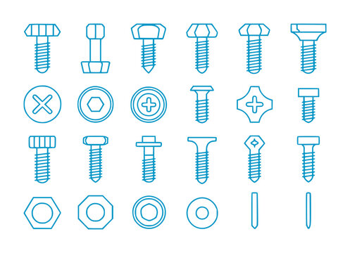 Collection of various bolts, screws, nuts, and washers in blue outline