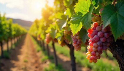 Fototapeta premium Sunlight dapples rows of ripe grapes hanging heavy on the vine in a picturesque vineyard, ready for harvest The scene evokes the beauty and promise of winemaking , vines, beautiful, fall