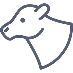 Minimalist outline of a cow head with a dark blue line drawing on a transparent background representing livestock farming and agriculture