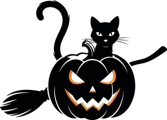 Spooky black cat sitting on a glowing jack o lantern halloween decoration vector