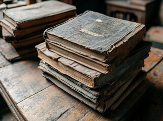 Obraz premium A stack of antique books with time-blurred edges and subtly worn pages recounts stories of numerous readings