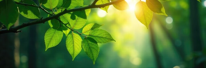 Sunlight dappling through the leaves of a dense, lush forest branch, creating a magical, ethereal scene Perfect for nature, fantasy, or environmental themes , serene, calm
