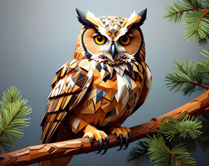 Cartoon owl sitting on a pine tree branch, cute forest bird illustration
