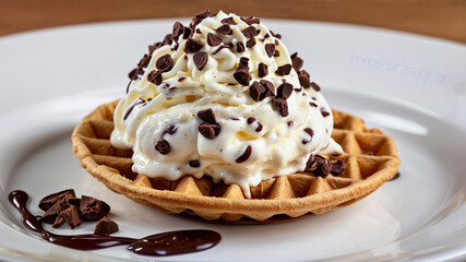 Fototapeta premium stracciatella gelato Waffle dessert topped with whipped cream and chocolate chips on plate 