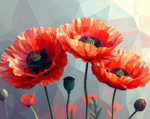 3D Illustration of Three Bright Red Poppies &mdash; Realistic Floral Render