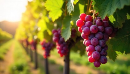 Naklejka premium Sunlight streams through leaves onto ripe bunches of red grapes hanging heavy on the vine, ready for harvest A picturesque vineyard scene at the peak of autumn , autumn, wine production, growing